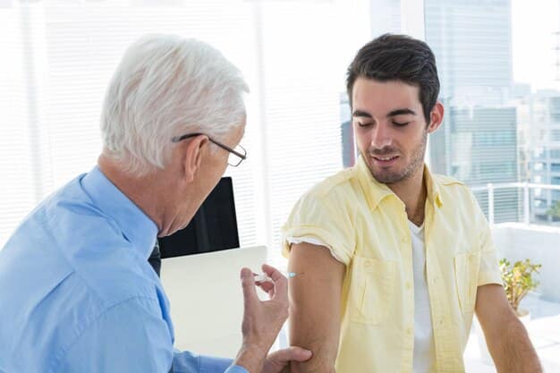 An elderly man receiving a flu shot in a doctor's office, with a nurse explaining the updated CDC guidelines for flu prevention in 2025 to him and his family.