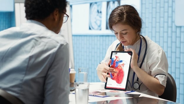 A doctor explaining a heart disease risk analysis report to a patient, pointing at specific genetic markers highlighted on the document.
