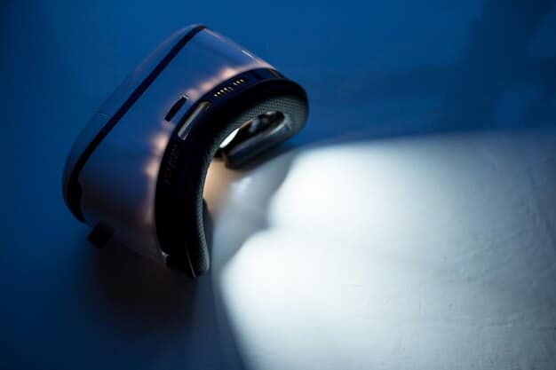 A close-up of a light therapy lamp emitting a bright, white light. The lamp is modern and sleek, standing on a desk in a brightly lit office setting. The focus is on the intensity and quality of the light provided by the lamp.