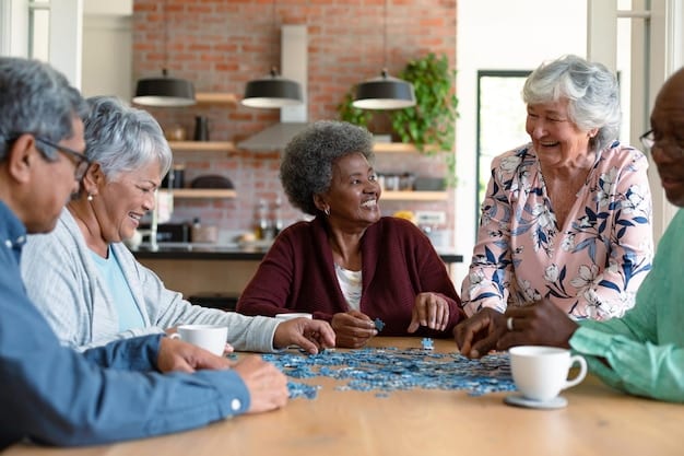 A diverse group of seniors participating in various brain-healthy activities such as reading, doing puzzles, gardening, and engaging in social interactions.The setting is a bright and cheerful community center.