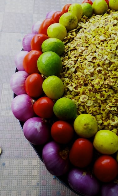 A colorful display of various fruits, vegetables, and whole grains, emphasizing the importance of a diverse, plant-based diet for gut health.