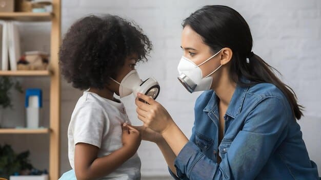 A medical professional wearing a protective mask in a hospital setting, assisting a young child using a nebulizer for respiratory treatment. There are medical devices nearby.