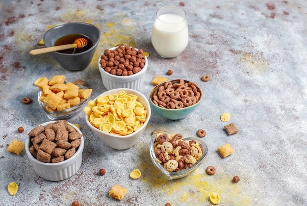 A close-up shot of various processed foods, including sugary cereals, fast food items, and packaged snacks, highlighting their potential to trigger inflammation.