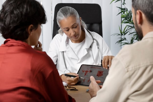 A doctor explaining the new insulin delivery system to a patient in a hospital setting. Both are looking at a tablet displaying real-time glucose levels and insulin delivery data.