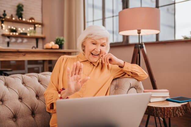 An elderly woman in her apartment, smiling as she participates in a virtual consultation with her doctor using a tablet. The setting is comfortable and familiar, emphasizing the convenience of telemedicine.