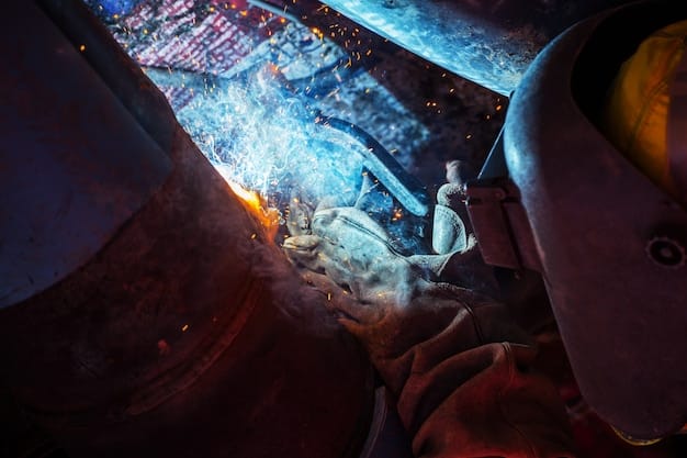 A close-up shot of a robotic arm precisely welding metal parts in a US factory. Sparks fly as the robot performs its task with accuracy, highlighting the benefits of automation in welding processes.