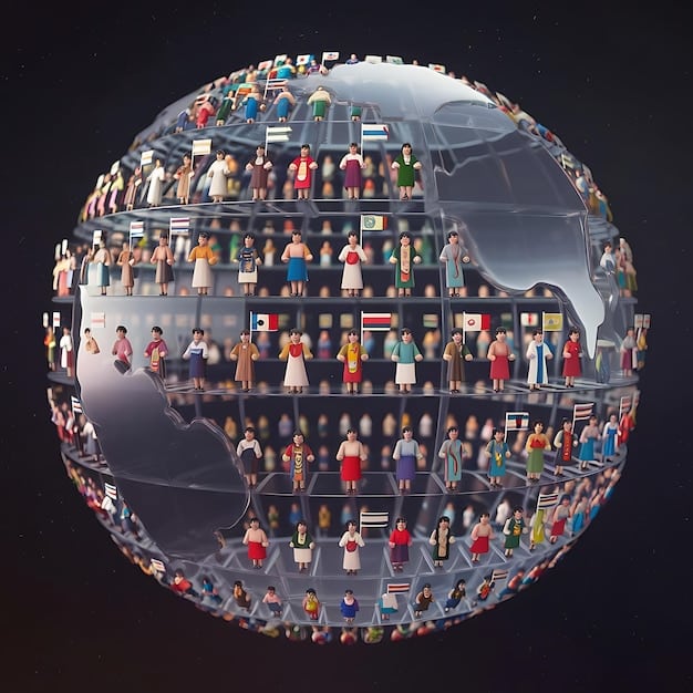 A diverse group of people surrounding a digital globe, with each person represented by a data point. This symbolizes the collective ownership and management of data in a data trust or cooperative model.