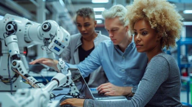 A diverse team of engineers working on the software interface for a robotic system in a modern manufacturing facility, highlighting the new tech-focused jobs created by automation.