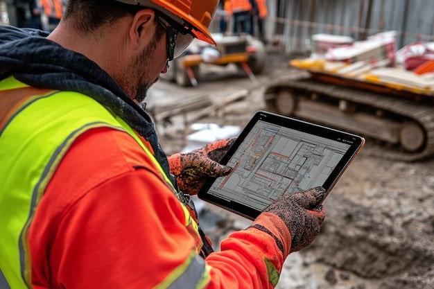 A construction worker using a tablet on a construction site, with a digital blueprint displayed on the screen, illustrating the use of technology to enhance project management and efficiency.