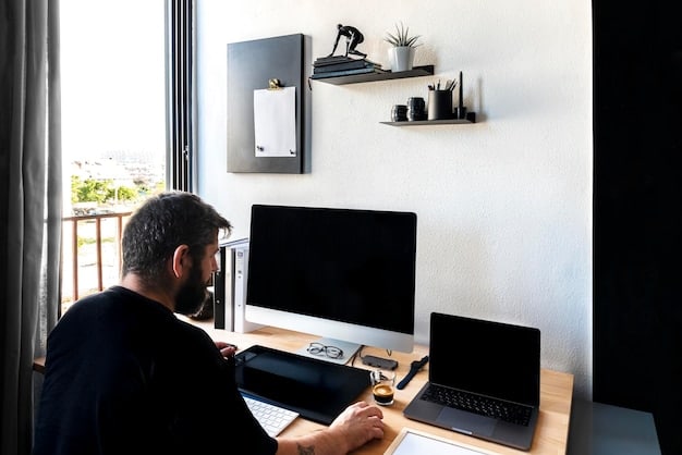 An employee working from a home office with multiple monitors, showcasing effective use of technology, collaborative software, and ergonomic setup, highlighting investment in hardware and software for remote productivity.