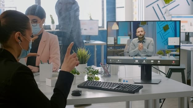 A HR professional conducting a virtual meeting with remote employees, showcasing revised HR policies, performance management techniques, and communication strategies aimed at supporting and engaging the remote workforce.