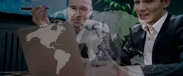 Business professionals discussing export strategies in front of a world map, illustrating the global scope of trade agreement impacts.