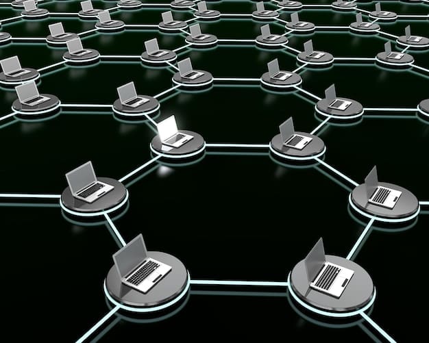 A diagram illustrating the decentralized nature of a blockchain network, showing multiple computers connected and sharing data. The diagram highlights the security and transparency advantages of a distributed ledger system.
