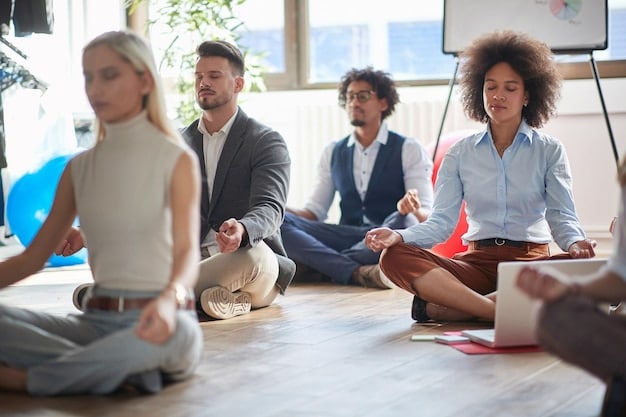 A group of employees participating in a workplace wellness activity, such as a yoga class or a health screening, with a focus on employee engagement and a supportive environment.