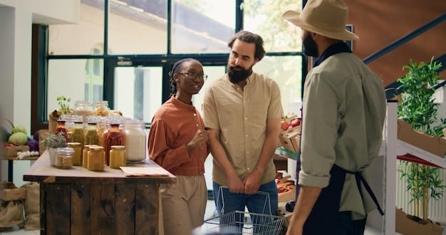 A diverse group of consumers in a brightly lit grocery store aisle, carefully examining the labels of organic and sustainably sourced products.