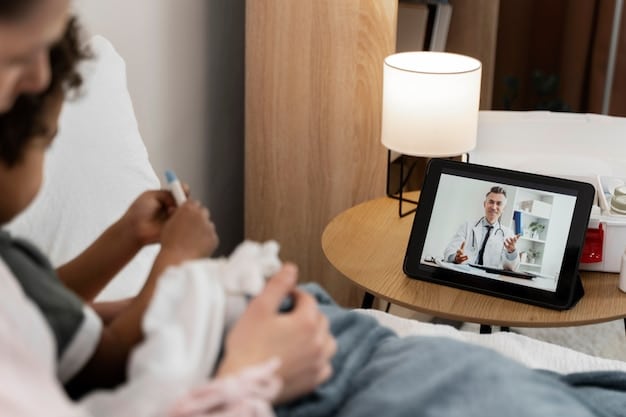 A doctor interacting with a patient via a tablet during a telehealth consultation. The background shows a comfortable home setting.