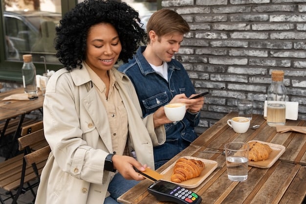 A customer using a smartphone in a coffee shop, receiving a personalized offer on their mobile device based on their loyalty program history, showcasing the integration of personalization in everyday scenarios.