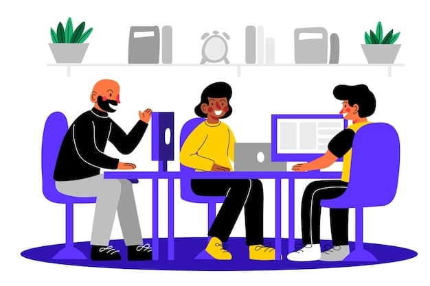 A cartoon illustration of diverse employees participating in a cybersecurity training session, interacting with digital learning tools and engaging in discussions about online safety.
