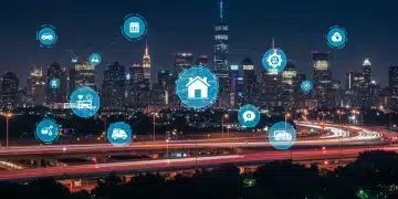 Dynamic cityscape with glowing icons representing diverse on-demand services