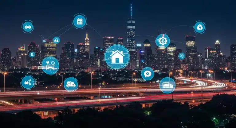 Dynamic cityscape with glowing icons representing diverse on-demand services