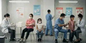 Healthcare professionals administering vaccines to diverse individuals in a modern clinic, emphasizing public health and community immunity.