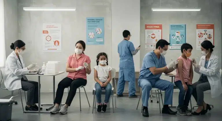 Healthcare professionals administering vaccines to diverse individuals in a modern clinic, emphasizing public health and community immunity.