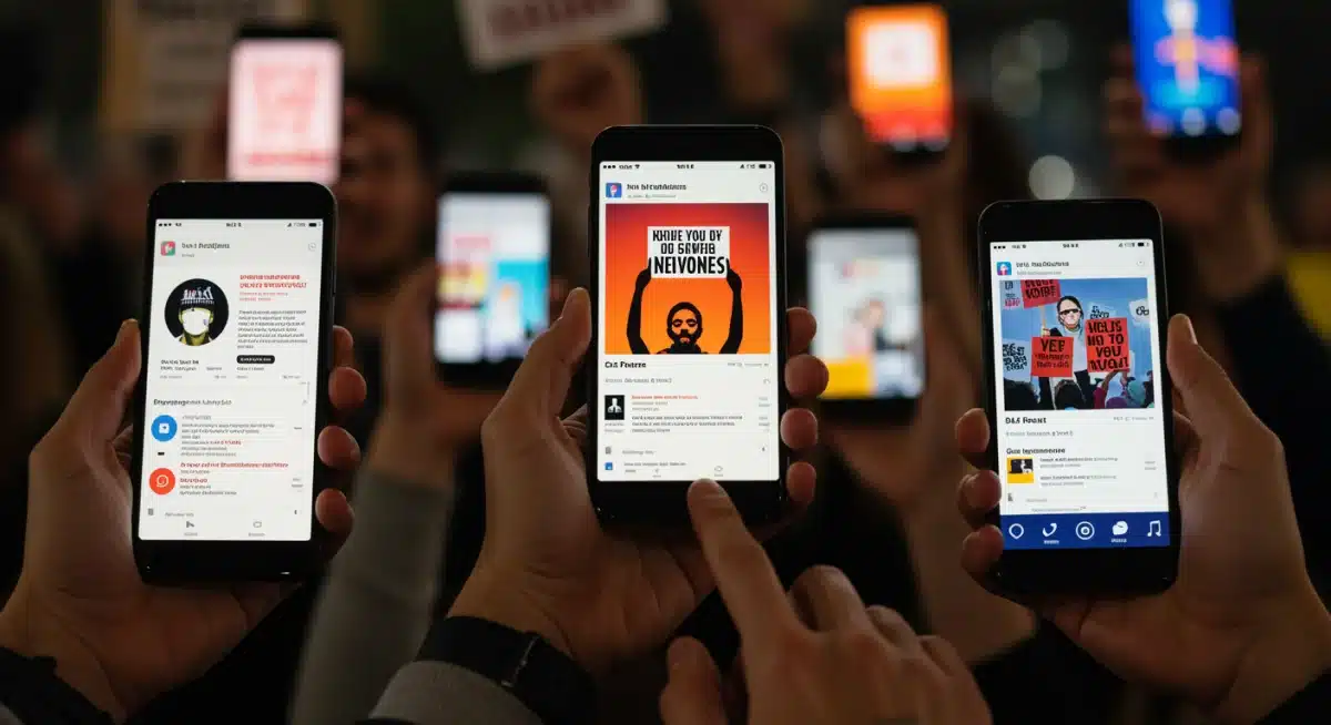 Hands holding smartphones displaying social media activism feeds