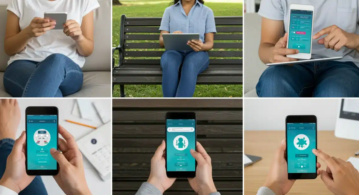 People using mental health apps on digital devices in diverse settings.