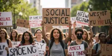 Diverse activists marching with protest signs for social justice in a US city