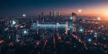 Futuristic cityscape with blockchain network, representing BaaS ROI opportunity in US