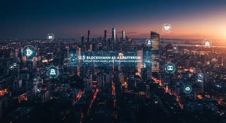 Futuristic cityscape with blockchain network, representing BaaS ROI opportunity in US