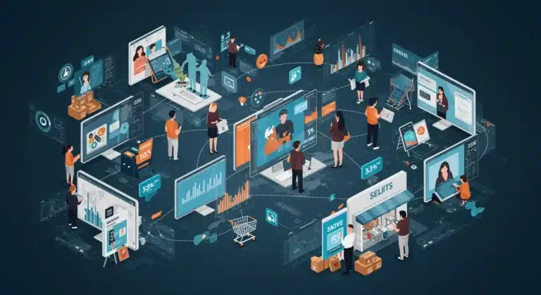 Futuristic retail landscape showing diverse consumers and digital shopping trends in Q1 2025