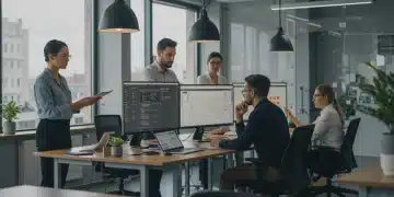 Professionals collaborating in a modern office and virtually, representing hybrid work