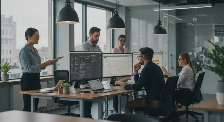 Professionals collaborating in a modern office and virtually, representing hybrid work