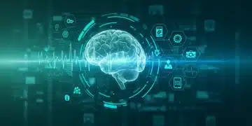 Digital therapeutics apps on a screen showing brain activity for mental health treatment innovation.