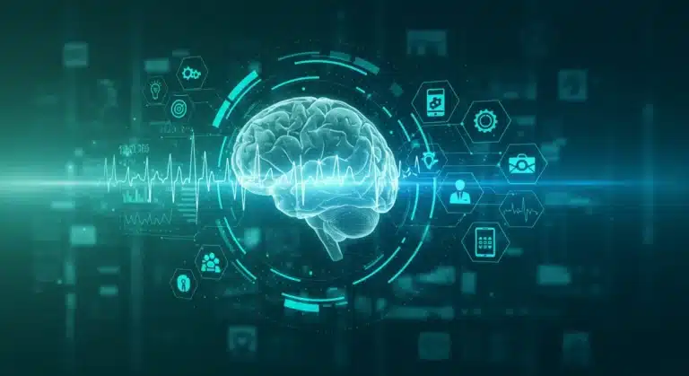 Digital therapeutics apps on a screen showing brain activity for mental health treatment innovation.