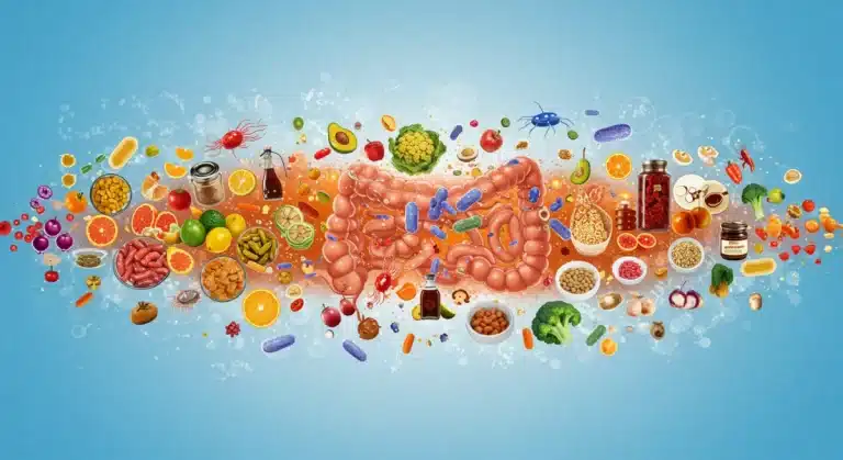 Vibrant illustration of gut microbiome and healthy foods, symbolizing dietary impact on gut health.