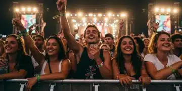 Diverse young adults at a vibrant outdoor music festival, enjoying live music and community.