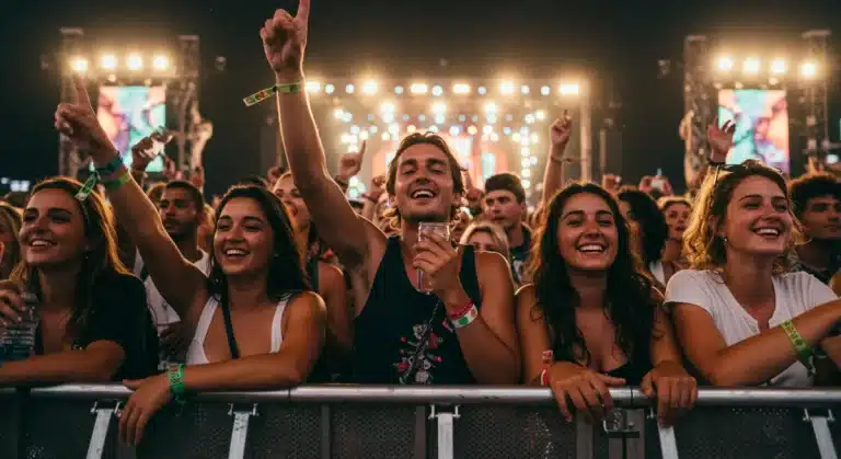 Diverse young adults at a vibrant outdoor music festival, enjoying live music and community.