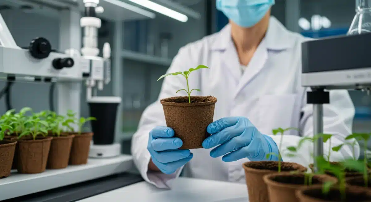 Scientist examining a plant seedling in a lab, symbolizing innovation in sustainable materials and biotechnology.