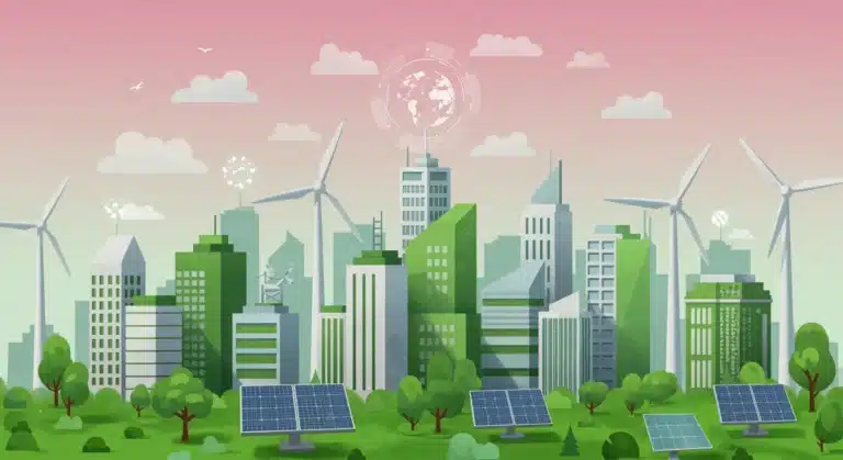 Sustainable urban landscape with green energy infrastructure and modern architecture, symbolizing corporate environmental leadership.