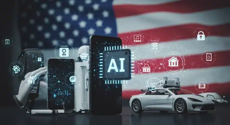 Illustration of smart devices and cybersecurity measures representing US edge AI regulations' impact on consumer tech.