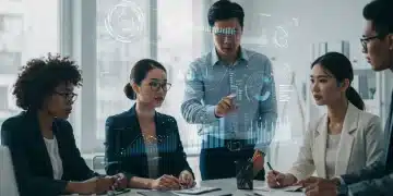Small business owners analyzing 2025 economic forecasts on a holographic display