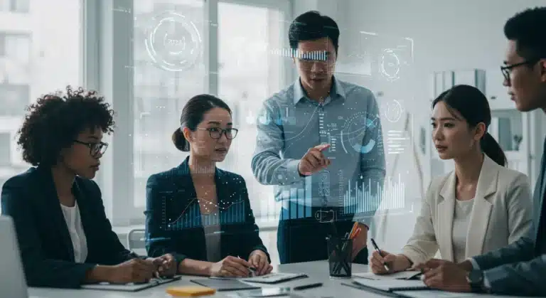 Small business owners analyzing 2025 economic forecasts on a holographic display