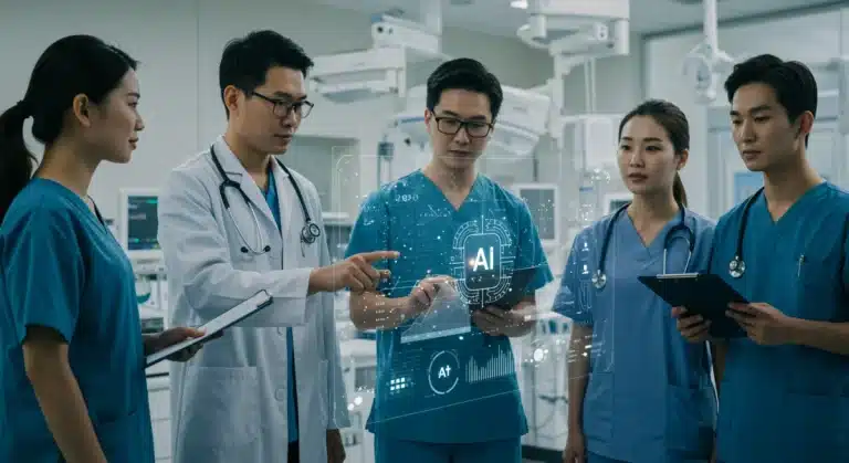 Healthcare professionals analyze AI data in modern US hospital