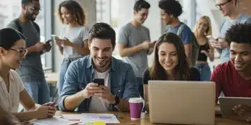 Diverse American youth interacting with technology and each other, reflecting modern cultural trends.