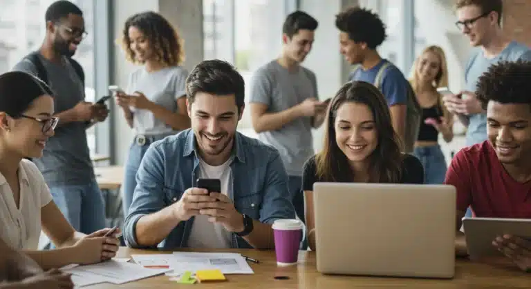 Diverse American youth interacting with technology and each other, reflecting modern cultural trends.