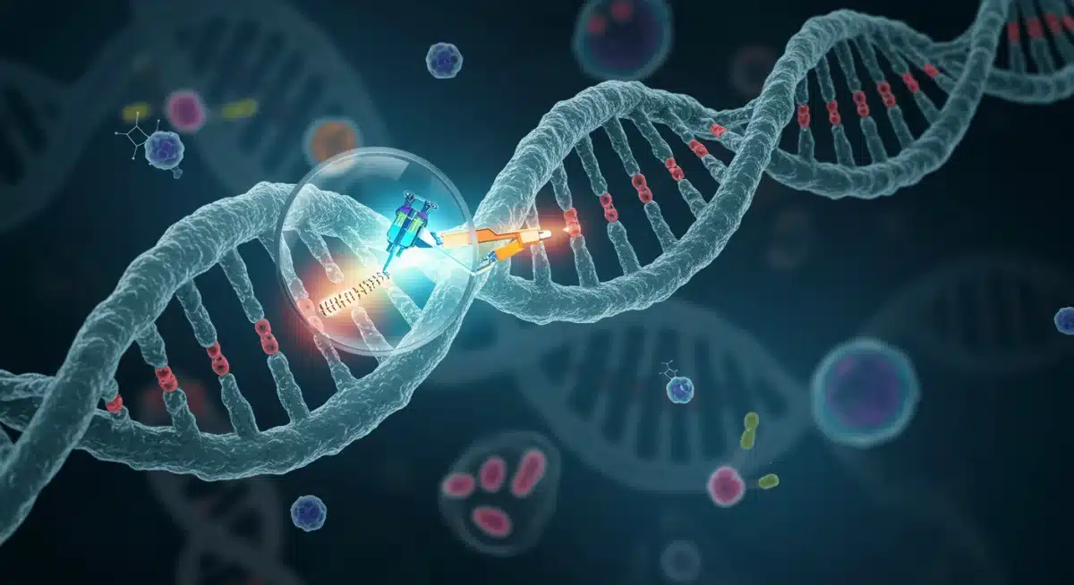 CRISPR-Cas9 gene editing tools modifying a DNA strand for therapeutic purposes