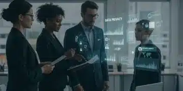 Business team reviewing data privacy compliance dashboard for 2025 regulations