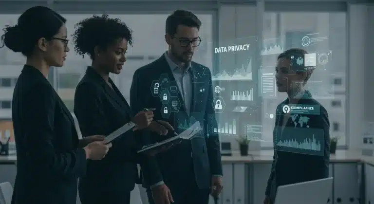 Business team reviewing data privacy compliance dashboard for 2025 regulations